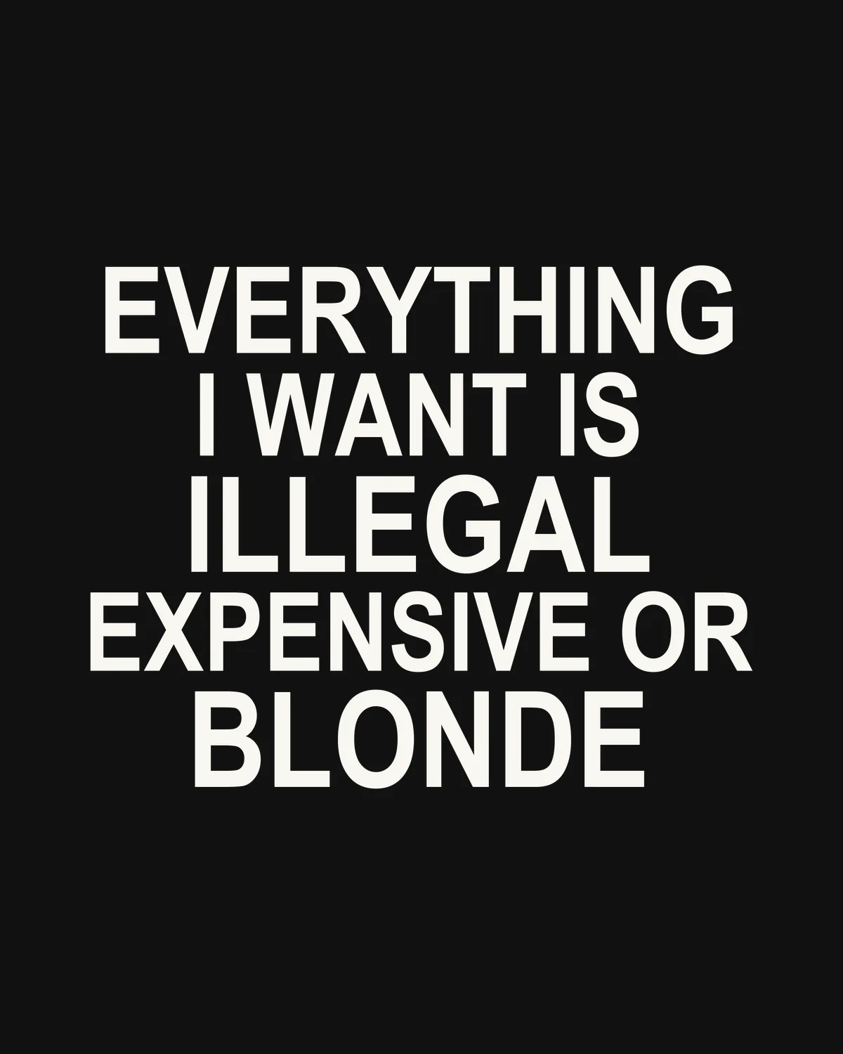 EVERYTHING I WANT IS ILLEGAL, EXPENSIVE OR BLONDE – der Spruch in Großansicht