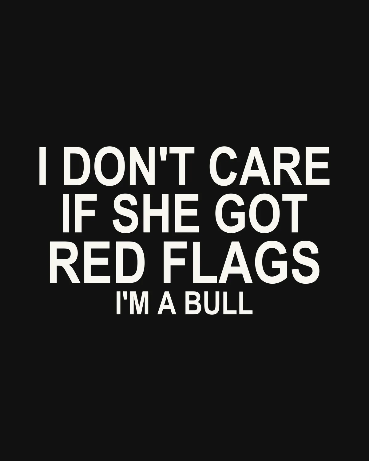 I DON'T CARE IF SHE GOT RED FLAGS — I'M A BULL – der Spruch in Großansicht
